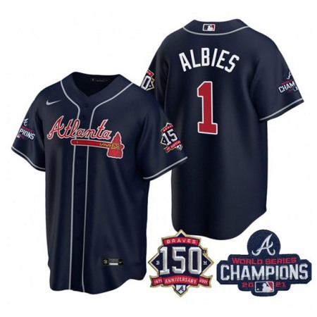 Women's Atlanta Braves #1 Ozzie Albies Navy World Series Champions With 150th Anniversary Patch Cool Base Stitched Jersey(Run Small)