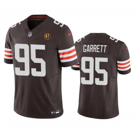 Men's Cleveland Browns #95 Myles Garrett Brown 2023 F.U.S.E. With John Madden Patch Vapor Limited Stitched Football Jersey